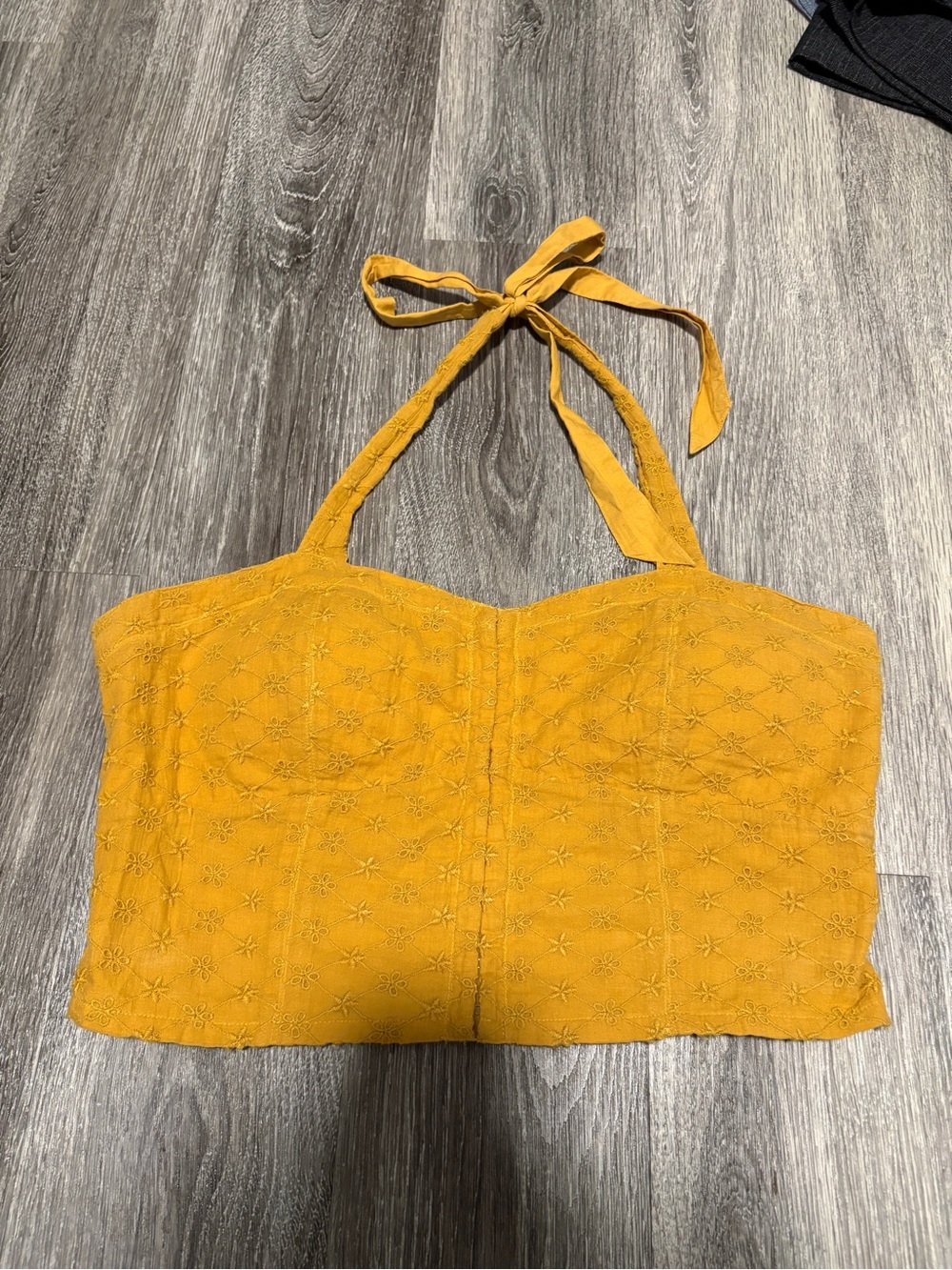 American Eagle Mustard Yellow Halter Crop Top with Embroidered Detail